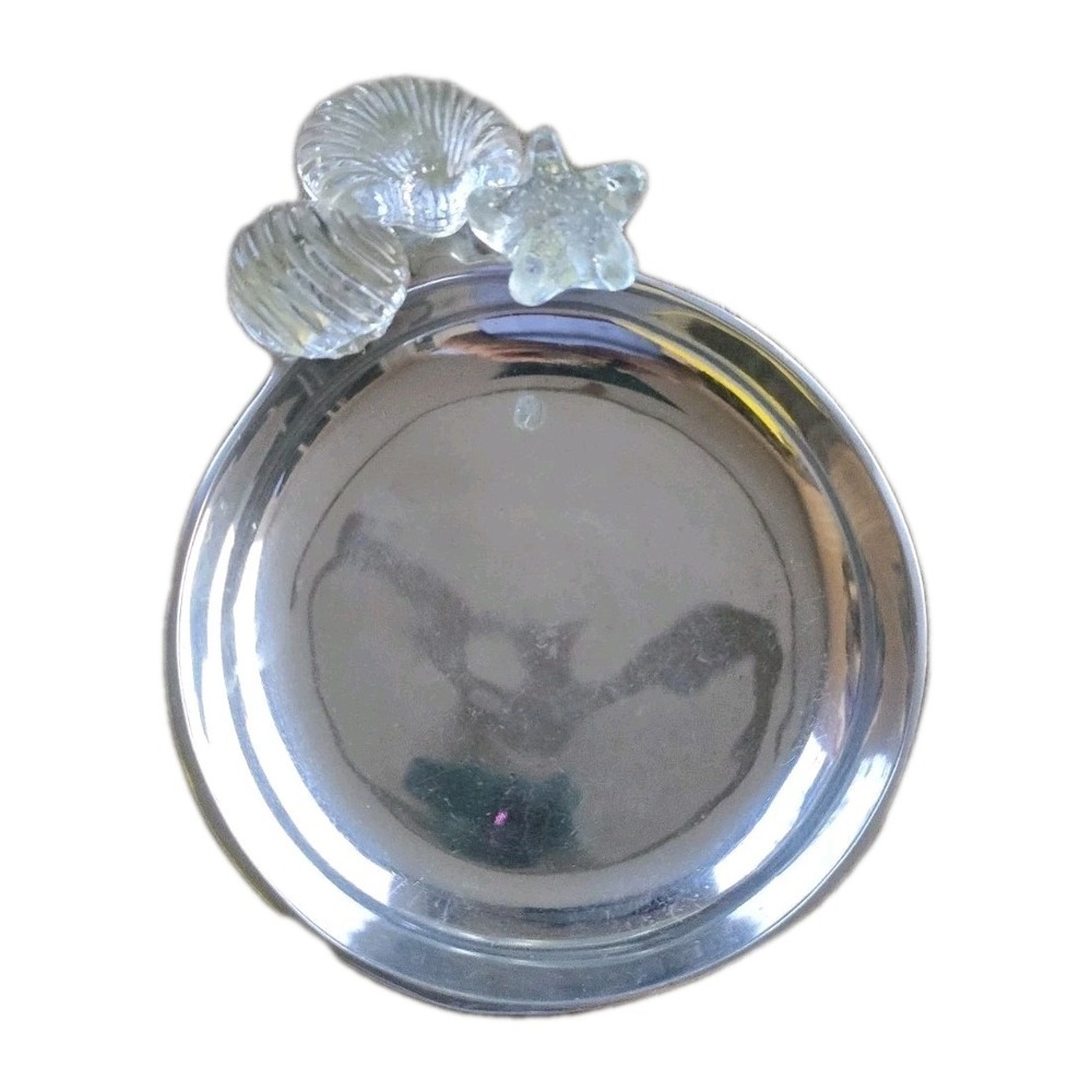 Vintage Silver Pewter Serving Tray Decorative Coadtal Glass Shell & Starfish‎